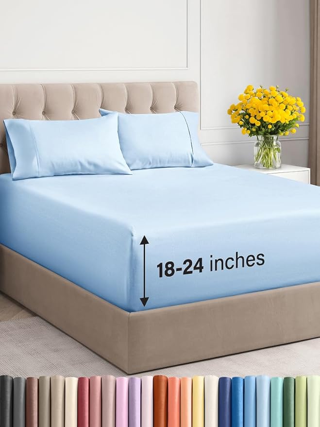 Extra Deep Twin XL Sheet Set - 4 Piece Breathable and Cooling Sheets - Hotel Luxury Bed Sheets Set - Easy Fit - Soft, Wrinkle Free and Comfy Sheets Set - Light Blue Sheet Set with Extra Deep Pockets