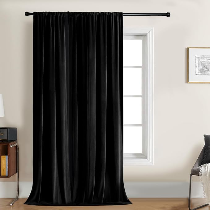 Joydeco Velvet Curtains 72 Inch 1 Panel, Long Luxury Black Blackout Thermal Insulated Rod Pocket Window Curtains, Super Soft Room Darkening Drapes for Living Room Bedroom, W100 x L72 Inch, Black