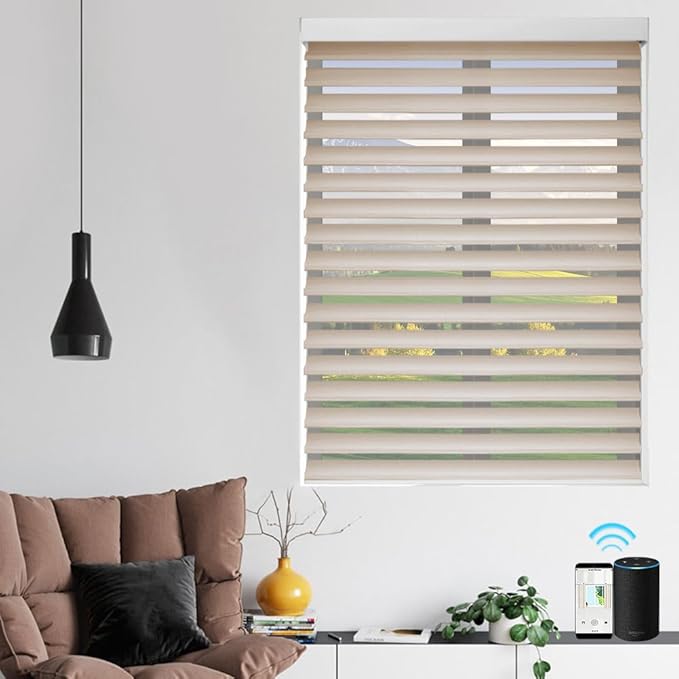 zshine Automatic Shangri La Light Filtering Roller Shades Free Dimming Rechargeable Matter Motor Compatible with Homekit Siri for Living Room 83035C
