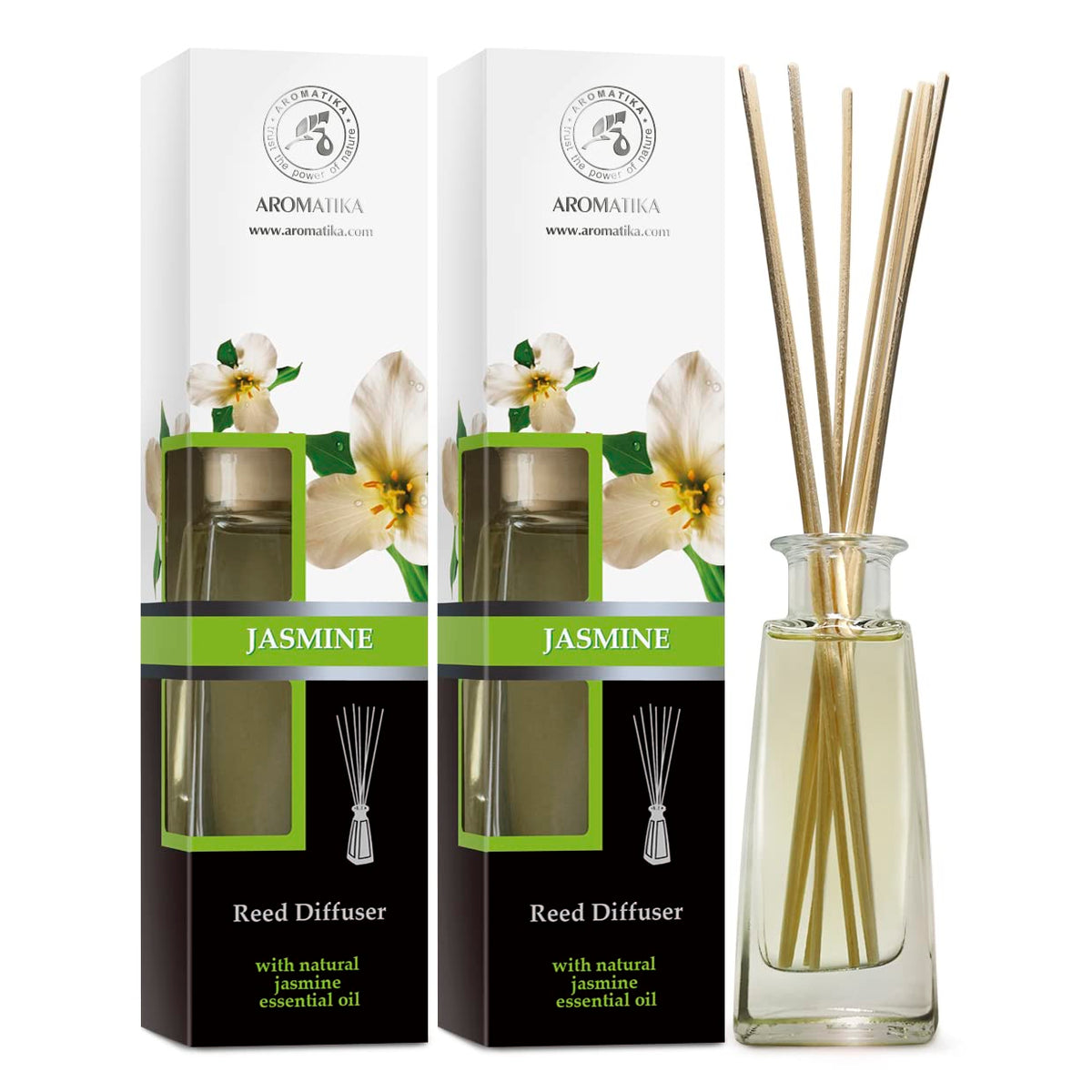 Jasmine Reed Diffuser w/Natural Essential Jasmine Oil - Set 2 * 3.4 Fl Oz (100ml) - Fresh & Long Lasting Fragrance - Scented Reed Diffuser - Gift Set w/Bamboo Sticks - for Aromatherapy - SPA - Home