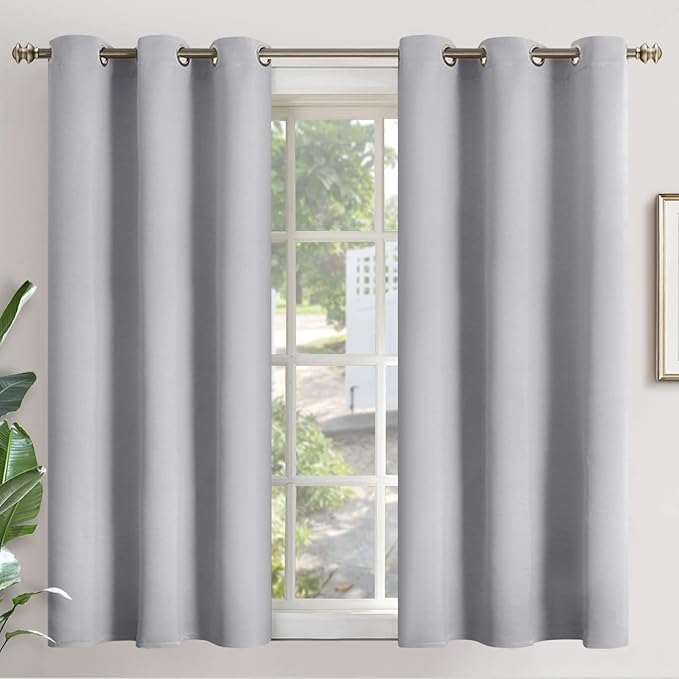 YoungsTex Light Grey Blackout Curtains 48 Inch Length for Bedroom Kitchen Window - Short Thermal Insulated Drapes with Grommet Darkening Privacy for Bathroom Living Room, 2 Panels, 42 x 48 Inch