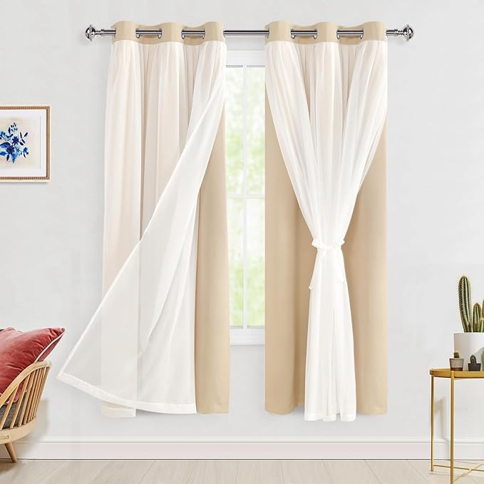 Hiasan Blackout Curtains with Sheer Overlay, Grommet Thermal Insulated Privacy Mix and Match Double Layer Window Curtains for Girls Bedroom, Living Room, 2 Drape Panels with Tiebacks, Beige, 42W X 63L