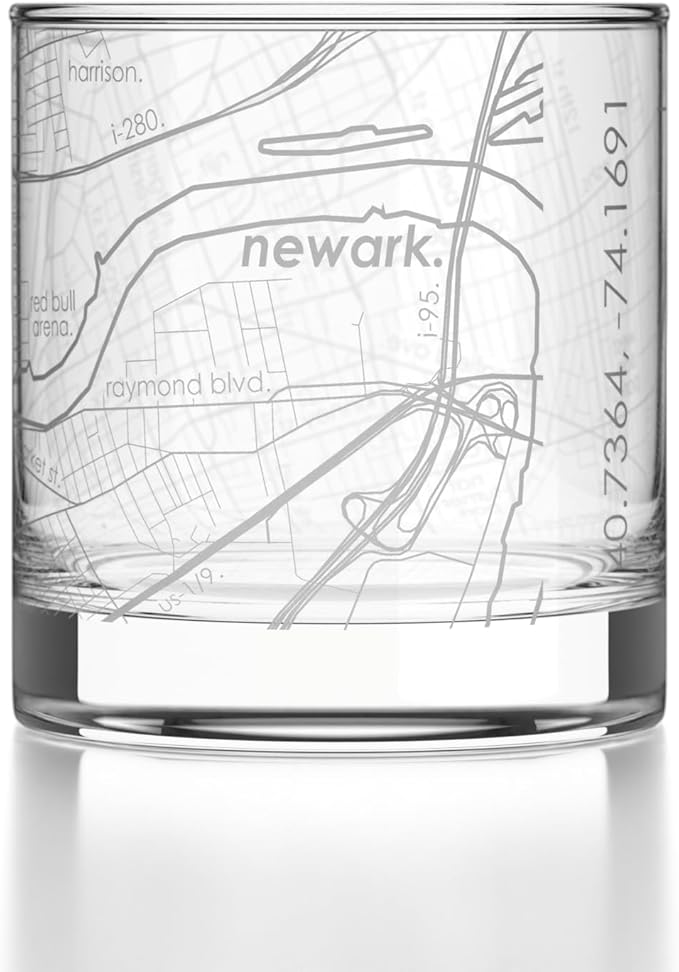 Well Told Engraved Newark New Jersey Map Rocks Glass, Old Fashioned Glassware (11 oz, Clear) Etched Bourbon Tumbler, Gifts For Whiskey Lovers