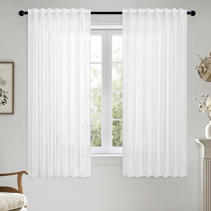 MIULEE White Linen Curtains Short 54 Inch Long 2 Panels for Kitchen Bedroom, Soft Thick Linen Textured Window Drapes Semi Sheer Light Filtering Back Tab Rod Pocket Burlap Look Decor