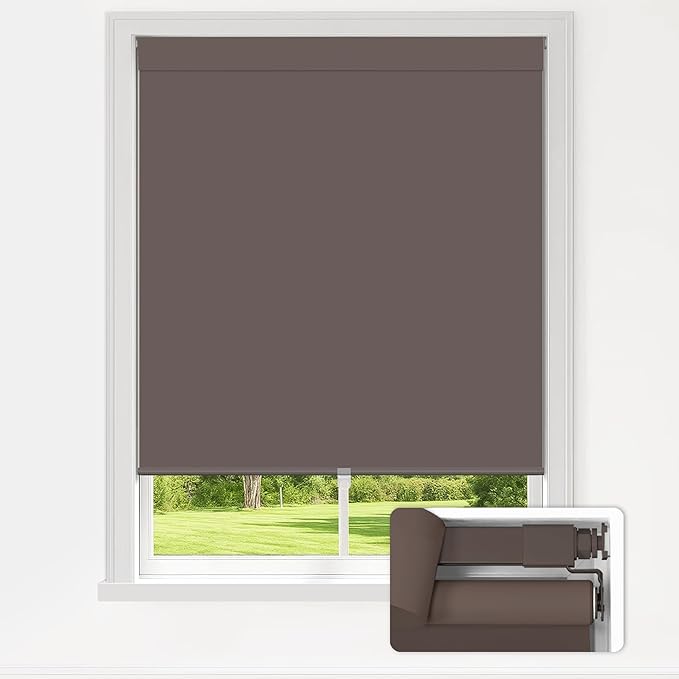LazBlinds No Drill Blinds for Indoor Windows, Blackout Roller Shades, Cordless Window Blackout Blinds, Thermal Insulated Fabric UV Protection for Home and Office, 27.5" W x 72" H, Dark Coffee