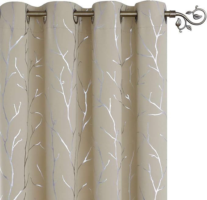 BUHUA Beige Blackout Curtains 63 Inch Lengt Long for Living Room, Room Darkening Curtains with Silver Branch Print, Grommet Thermal Insulated Window Treatment Drapes for Bedroom 2 Panels，66 x 63 Inch