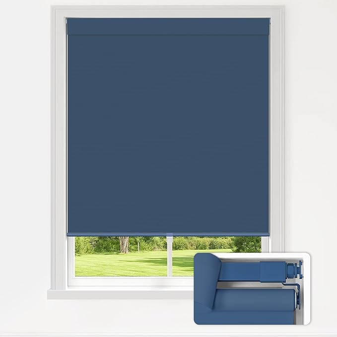LazBlinds No Drill Blinds for Indoor Windows, Blackout Roller Shades, Cordless Window Blackout Blinds, Thermal Insulated Fabric UV Protection for Home and Office, 48" W x 72" H, Navy Blue