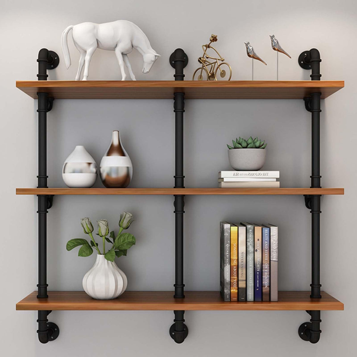 POJGVU Industrial Pipe Wall Mounted Shelf with Large Storage 3 Tiers Plant Stand and Wooden Bookshelf Display Unit for Home Décor Ideal for Bedroom Living Room and Bathroom 120X25X10,100x25x65cm