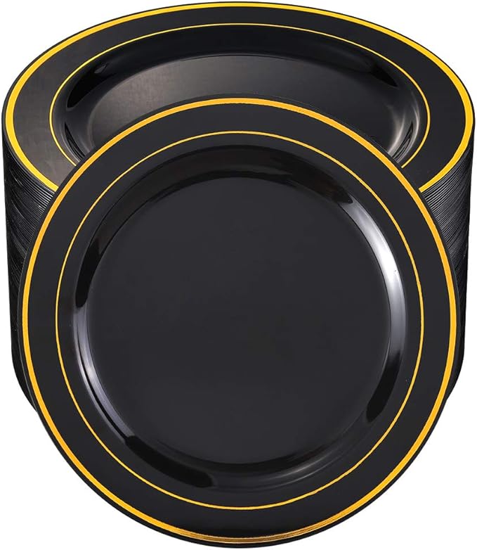 bUCLA 100 Pieces Black and Gold Plastic Dinner Plates - 10.25 inch Black Disposable Plates with Gold Rim - Ideal for Party, Graduation & New Year
