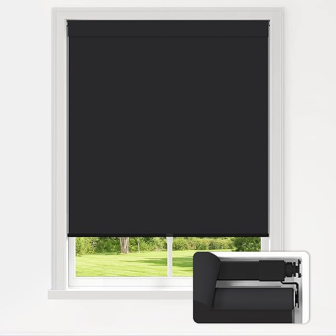 LazBlinds No Drill Blinds for Indoor Windows, Blackout Roller Shades, Cordless Window Blackout Blinds, Thermal Insulated Fabric UV Protection for Home and Office, 48" W x 72" H, Black