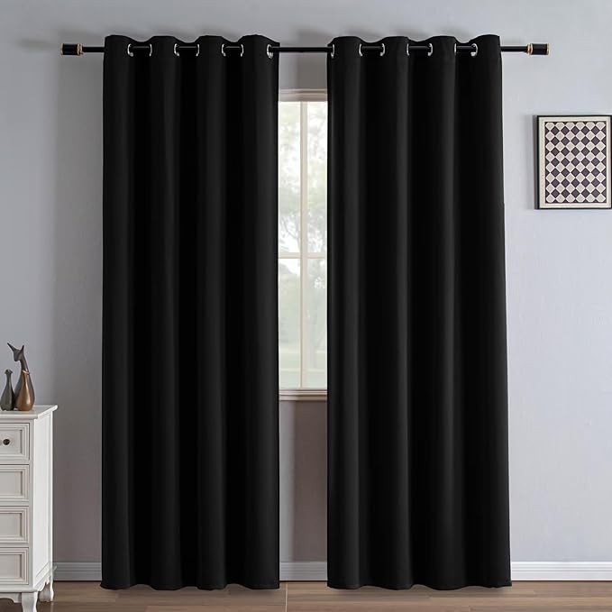 Black Blackout Curtains 84 Inch Length 2 Panels Set, Black Out Curtains for Bedroom 84 Inch Long, Grommet Energy Saving Room Darkening Drapes for Living Room Window(W70 x L84)