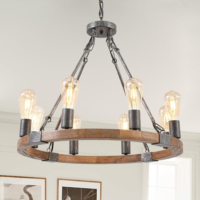 Farmhouse Wooden Wagon Wheel Chandelier 8 Lights 23.8'' Vintage Wood Round Chandelier Rustic Black Pendant Light Fixtures for Living Dining Room Kitchen Entryway Foyer