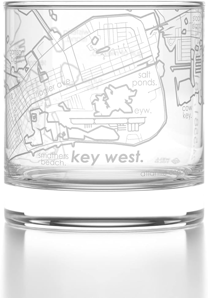 Well Told Engraved Key West Florida Map Rocks Glass, Old Fashioned Whiskey Glass (11 oz, Clear) Etched Whiskey Glass, Gifts For Whiskey Lovers
