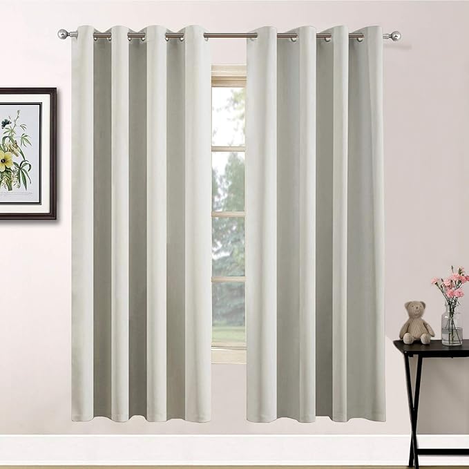 Yakamok Room Darkening Thermal Insulated Soft and Smooth Curtains with Grommet for Living Room(2 Panels,52Wx63L, Light Beige)