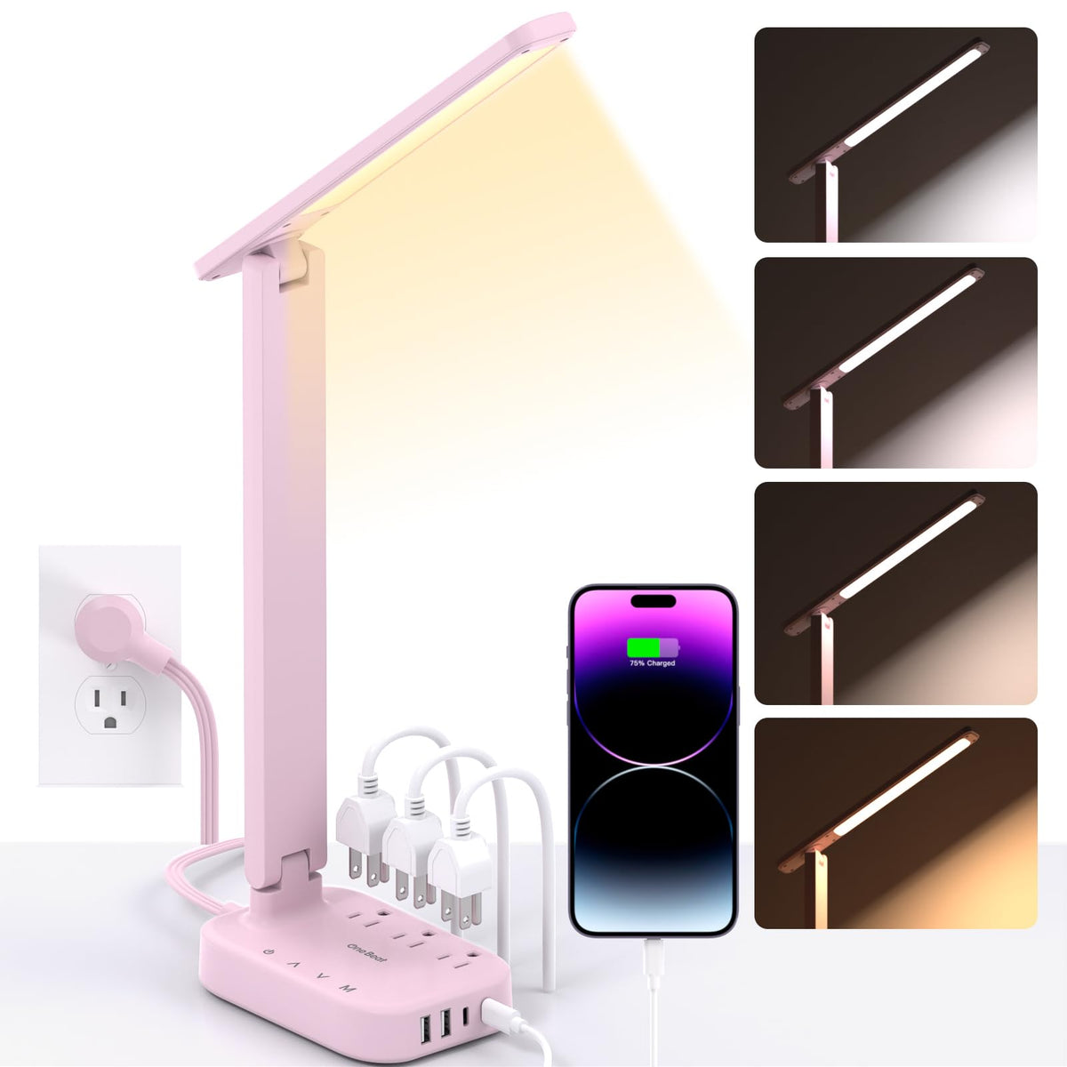 LED Desk Lamp, Power Strip with 4 USB 3 Outlets, Dorm Room Essentials, Pink