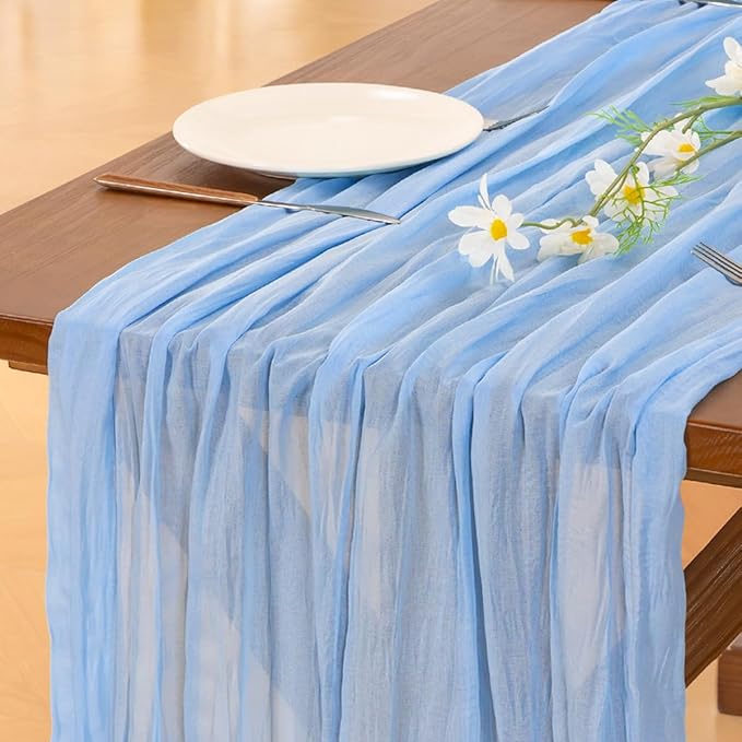 Socomi Blue Christmas Cheesecloth Table Runner Light Blue Boho Rustic Gauze 120 inch 10FT Cheese Cloth Runner for Wedding Party Baby Shower Birthday Home Decor Holiday Decorations