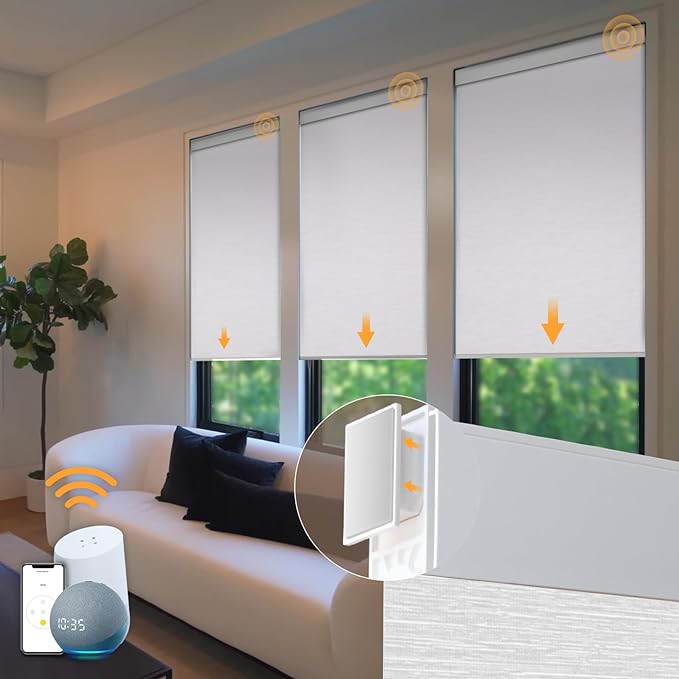 Motorized Blinds No Drill Automatic Blinds for Windows Cordless Roller Shades Electric Blinds with Remote Control Smart Blinds (White, 47 x 72)