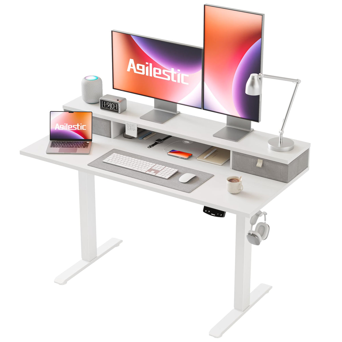 Agilestic 48 x 24 Inches Electric Standing Desk with 2 Storage Drawers, Adjustable Height Sit and Stand Computer Table with Splice Board, White