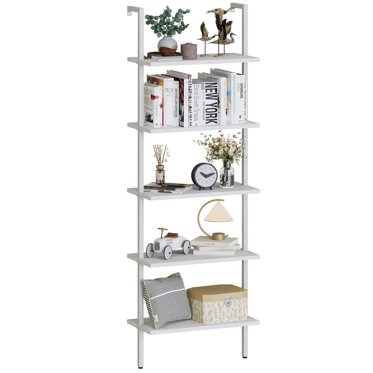 aboxoo Ladder Shelf White Wooden Bookshelf 5-Tier Wall-Mounted Open Wood Rack Industrial Modern Plant Flower Stand Utility Organizer Bookcase Metal Frame Furniture Office Kitchen Bedroom
