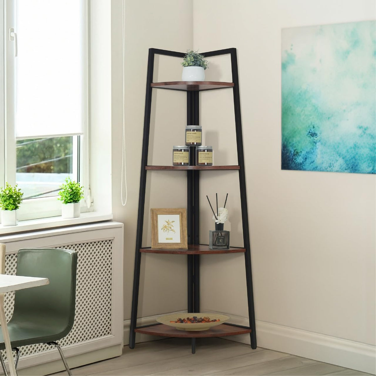 CAPHAUS Tall Corner Shelf Stand, 4-Tier Display Shelves, Ladder Corner Wood Storage Plant Bookshelf with Metal Frame, Versatile Shelving Unit Bookcase for Home Office Space, Rustic Oak