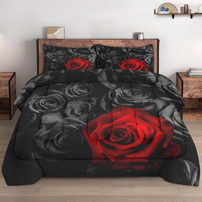 King Size Comforter Set with 2 Pillowcases, Red Rose Flower 3 Pcs Bedding for Kids and Adults, Summer Vintage Floral Soft Comforter Set for Bedroom Bed Decor