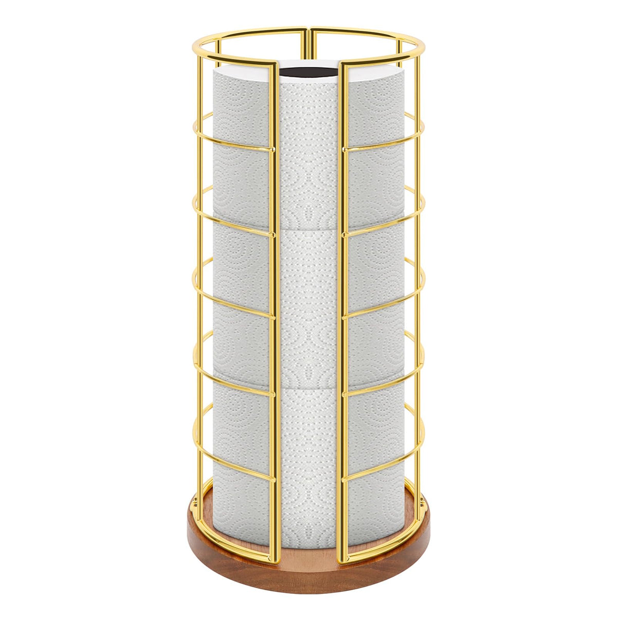 NearMoon Toilet Paper Organizer Stand, Freestanding 3 Rolls Tissue Storage, Metal Bathroom Accessory, Rustproof Toilet Roll Holder for Kitchen Countertop Inside Cabinet Shelf(Wooden Base, Gold)