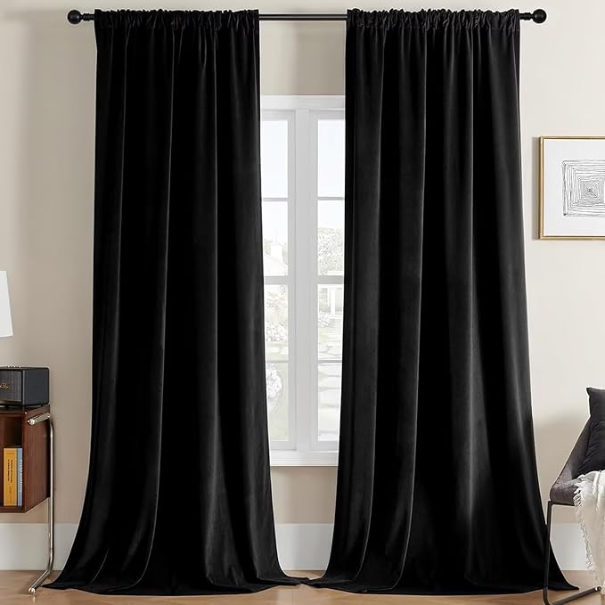 Joydeco Black Velvet Curtains 84 inch Length 2 Panels, Luxury Blackout Rod Pocket Thermal Insulated Window Curtains, Super Soft Room Darkening Drapes for Living Dining Room Bedroom,W62 x L84 inches
