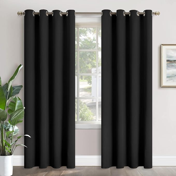 YoungsTex 90 Inch Long Blackout Curtains for Bedroom - Thermal Insulated Drapes with Grommet Room Darkening Privacy Floor Length for Living Room Window, 2 Panels, 52 x 90 Inch, Black