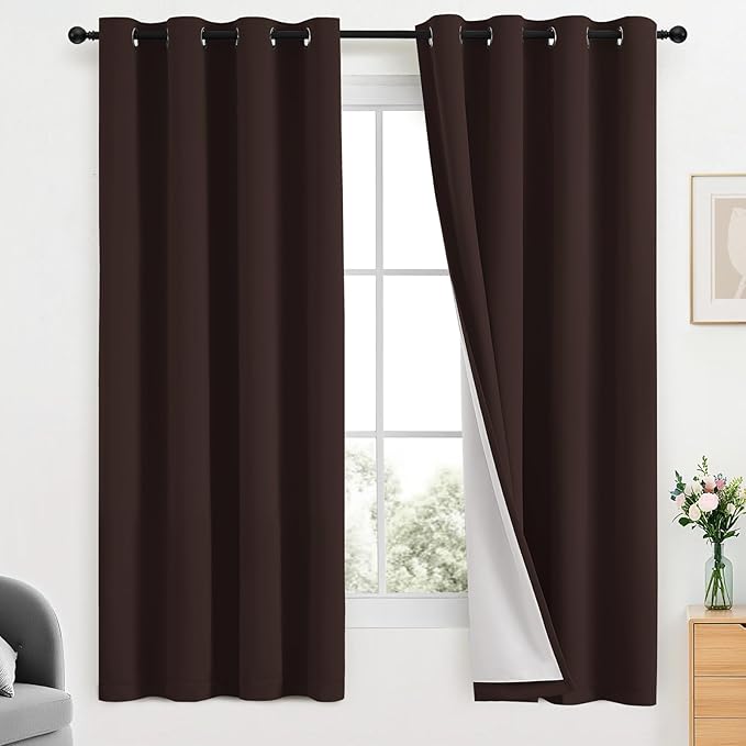 Yakamok Room Darkening 100% Blackout Curtains Grommet Window Treatments with 2 Thick Layers-Brown Thermal Insulated Drapes Set of 2 Panels for Bedroom Living Room 52 Inches by 63 Inches Length
