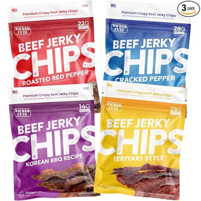 Wicked Cutz Jerky Chips Variety Pack, Up to 28g Protein Per Bag, Cracked Pepper, Teriyaki, Roasted Red Pepper, & Korean BBQ Flavored Beef Jerky Crisps, USA Made High Protein Carnivore Snacks (4 Bags)