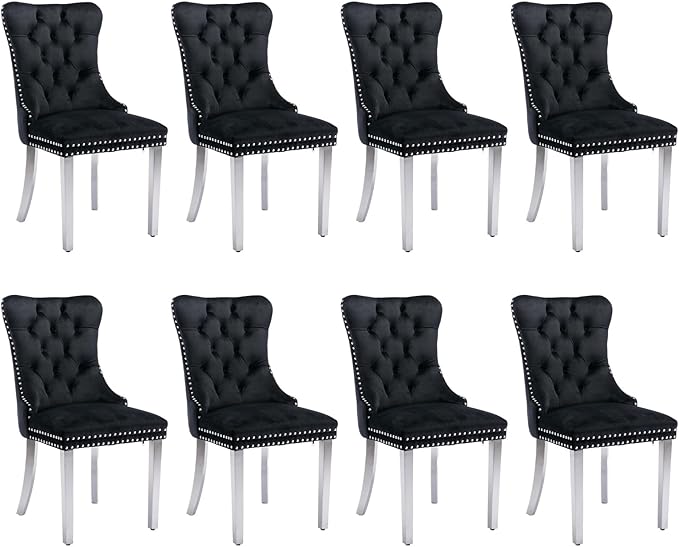 SoarFlash Velvet Dining Chair Set of 8, Upholstered Tufted Dining Room Chair with Nailhead Trim and Solid Silver Plated Leg for Kitchen (Black)