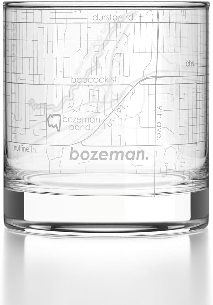 Well Told Engraved Bozeman Montana Map Rocks Glass, Old Fashioned Glassware (11 oz, Clear) Etched Bourbon Tumbler, Gifts For Whiskey Lovers