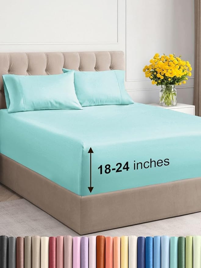 Extra Deep Twin XL Sheet Set - 4 Piece Breathable & Cooling Sheets - Hotel Luxury Bed Sheets Set - Easy & Secure Fit - Soft, Wrinkle Free & Comfy Sheets Set - Spa Blue Sheet Set w/Extra Deep Pockets