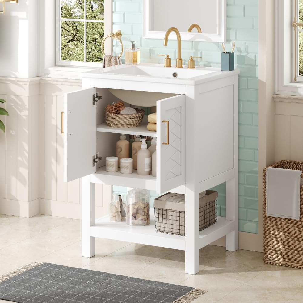 Virubi 24 in Bathroom Vanity with Sink, Wood Bathroom Cabinet with Storage, Adjustable Shelf, Back Open Structure, Freestanding (White)