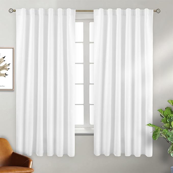 BGment White Curtains for Bedroom - Privacy Window Curtains Sunlight & UV Shades 50% Room Darkening Rod Pocket and Back Tab Curtains for Bedroom, 2 Curtain Panels (52 x 63 Inch, Pure White)