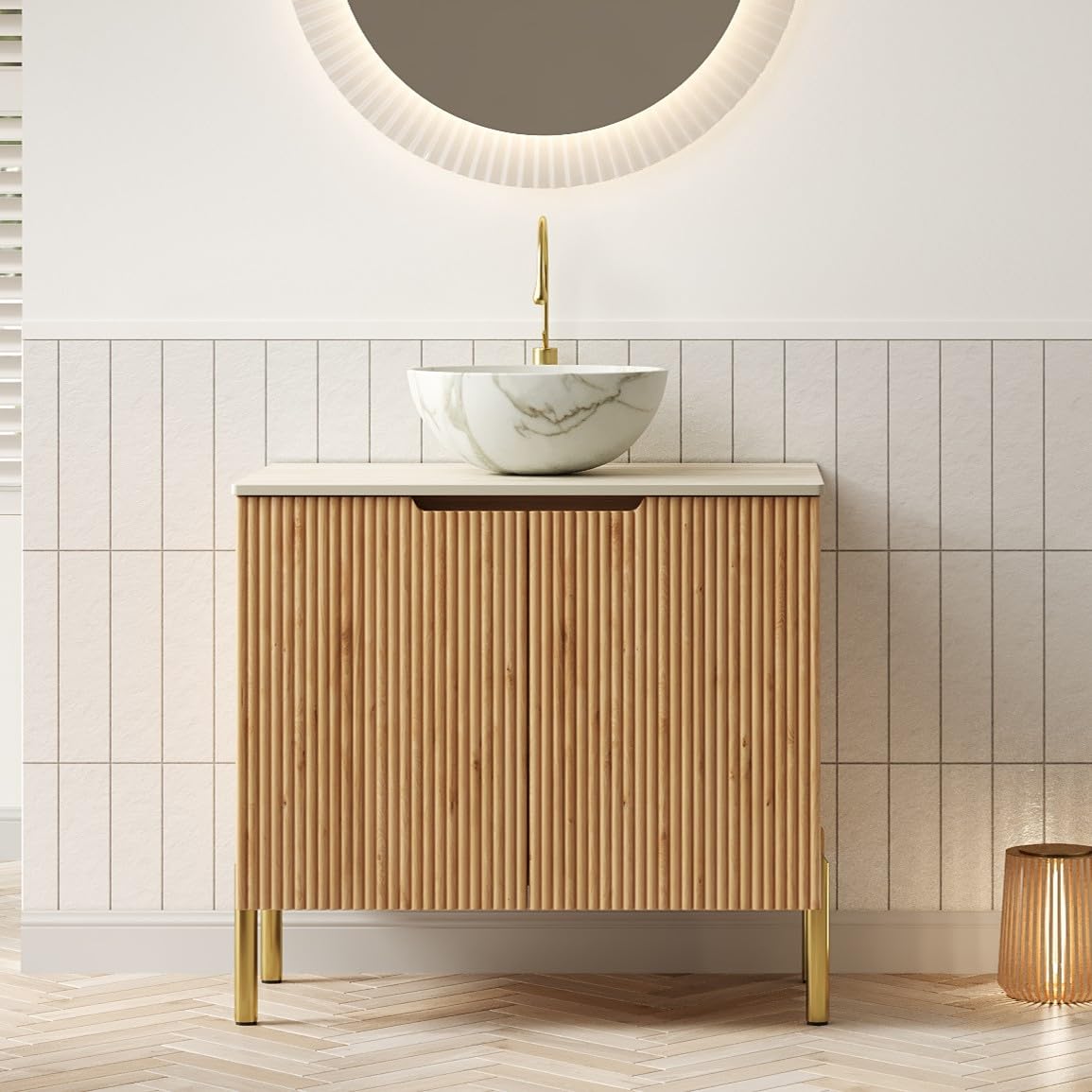 30" Bathroom Vanity with Sink, Modern Bathroom Vanities with 2 Soft-Closing Doors, Freestanding Bathroom Cabinet W/Ceramic Basin & Travertine-Pattern Sintered Stone Counter Top-Colmar, Natural Wood/S