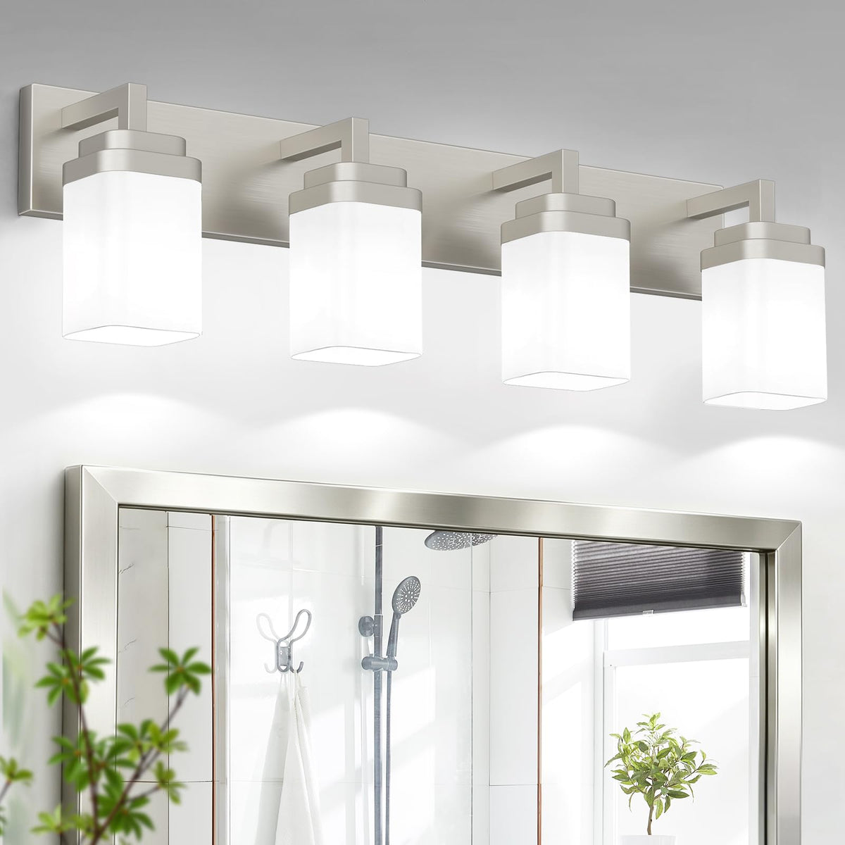 Leifod Brushed Nickel Bathroom Light Fixtures, Modern Vanity Lights with White Glass Lamp Shade, Bathroom Lighting Fixtures Over Mirror, Restroom Vanity Lighting Fixture, 4-Light 30 Inch