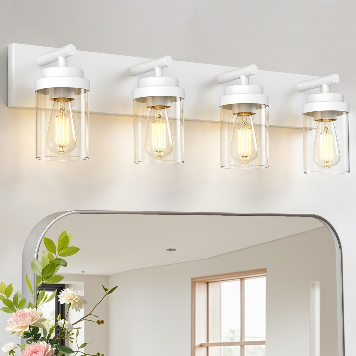 IZORRO Bathroom Light Fixture White, Clear Glass Shade 30-Inch 4-Light
