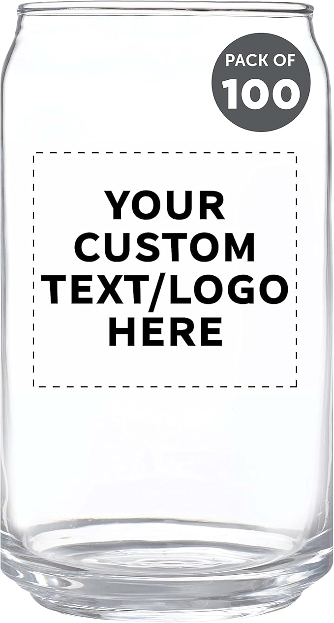 Custom Beer Can Glasses Set of 100, 16 oz. Pint Sized, Promotional Text, Logo, Soda Can Shape, Glassware, Clear