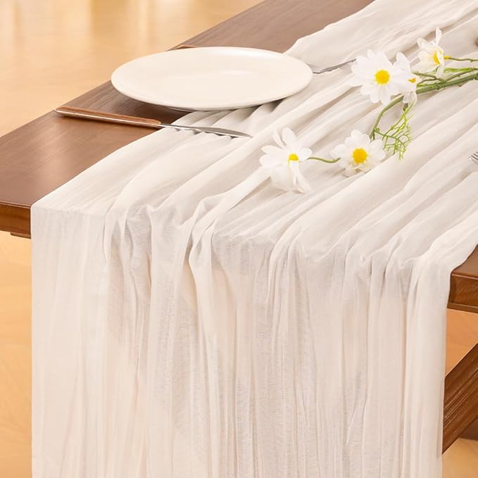 Socomi 6pcs Ivory White Cheesecloth Table Runner Christmas Boho Rustic Gauze 120 inch 10FT Cheese Cloth Runner for Wedding Party Baby Shower Birthday Home Decor Holiday Decorations