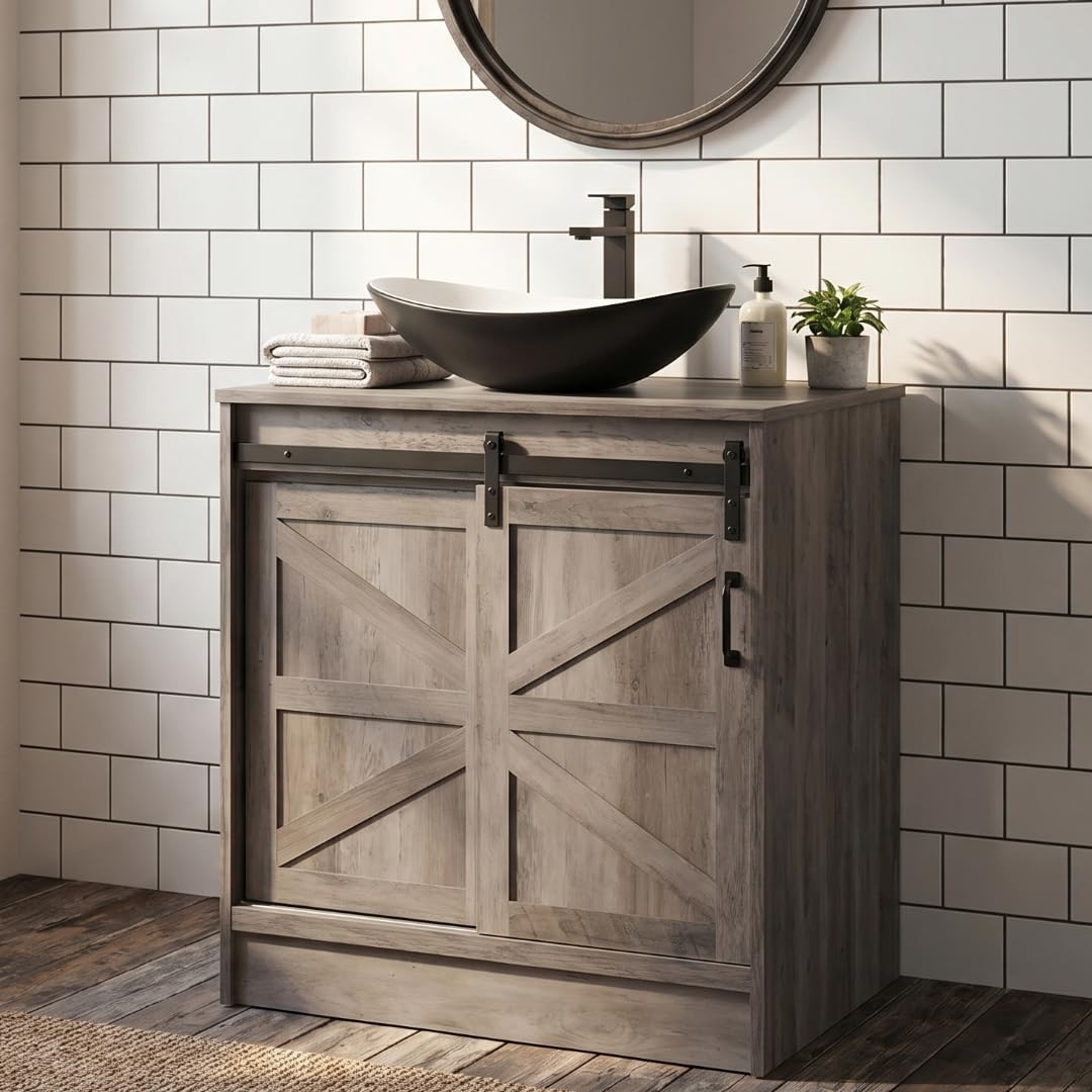 SOLIDEE 30 Inch Barn Door Bathroom Vanity, Farmhouse Style Standing Pedestal Cabinet with Black and White Ceramic Boat Sink