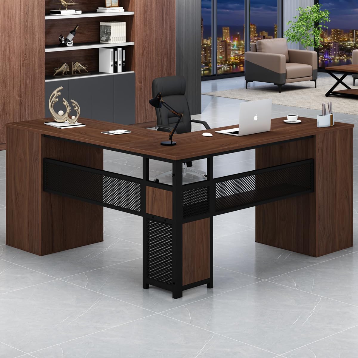 HSH L Shaped Desk with Drawers, Walnut Corner Desk with Storage, 59 Inch