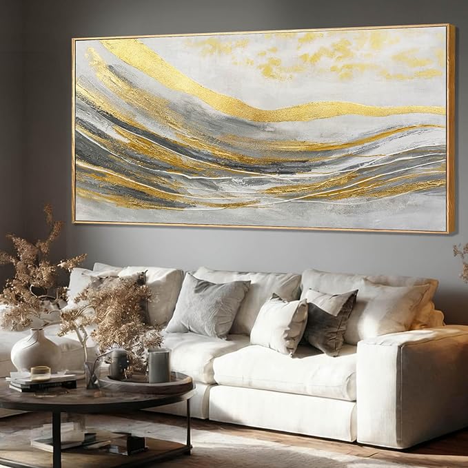 Artexist Abstract Wall Decor White and Gold Line Canvas Art Pictures Vintage Wall Art 32"x70" Large Artwork for Living Room Office Art
