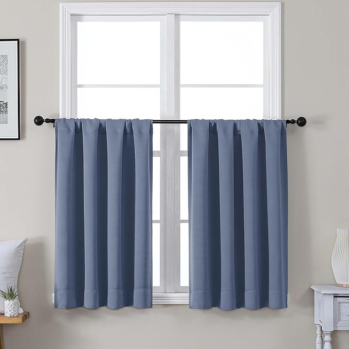 Gwine Short Blackout Curtains 36 Inches Long, Small Curtains Over Sink, Thermal Insulated Room Darkening Drapes for Bathroom Basement Patio Cabinet, 2 PCS, Each 40" Wx36 L, Denim Blue