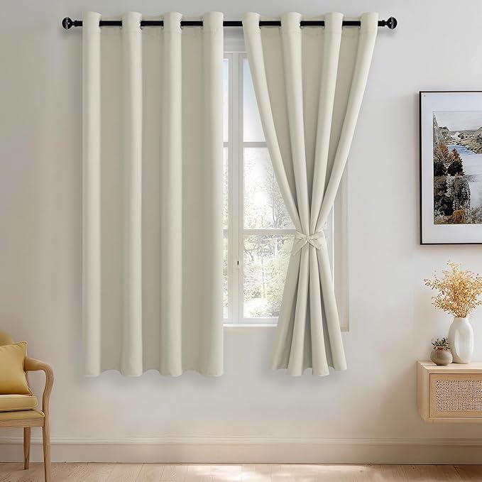 JIUZHEN Ivory Blackout Curtains with Tiebacks - Thermal Insulated, Light Blocking and Noise Reducing Grommet Curtains for Bedroom and Living Room, Set of 2 Window Curtain Panels, 52 x 63 Inch Length