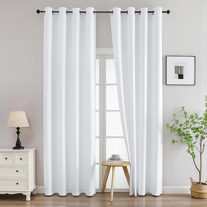 Simplebrand Pure White Curtains for Bedroom Living Room 96 Inches Long 2 Panels Set, Light Filtering Thermal Insulated Curtains & Drapes, Solid Grommet Noise Reducing Window Treatment, W50 x L96 Inch