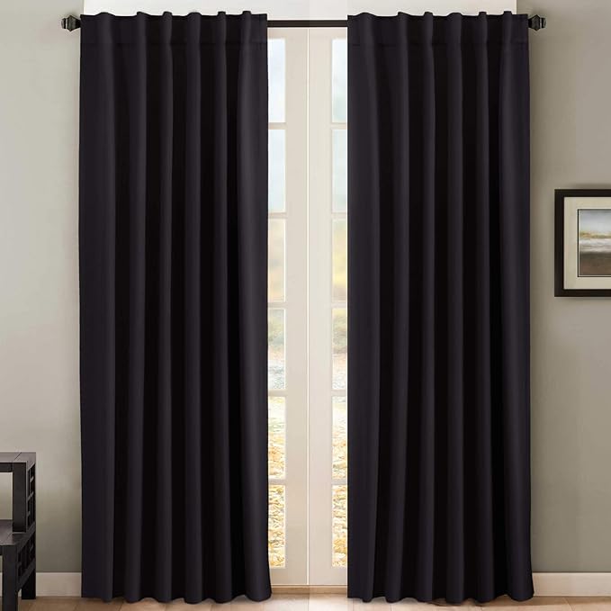 H.VERSAILTEX Blackout Curtains Thermal Insulated Window Treatment Panels Room Darkening Blackout Drapes for Living Room Back Tab/Rod Pocket Bedroom Draperies, 52 x 96 Inch, Black, 2 Panels