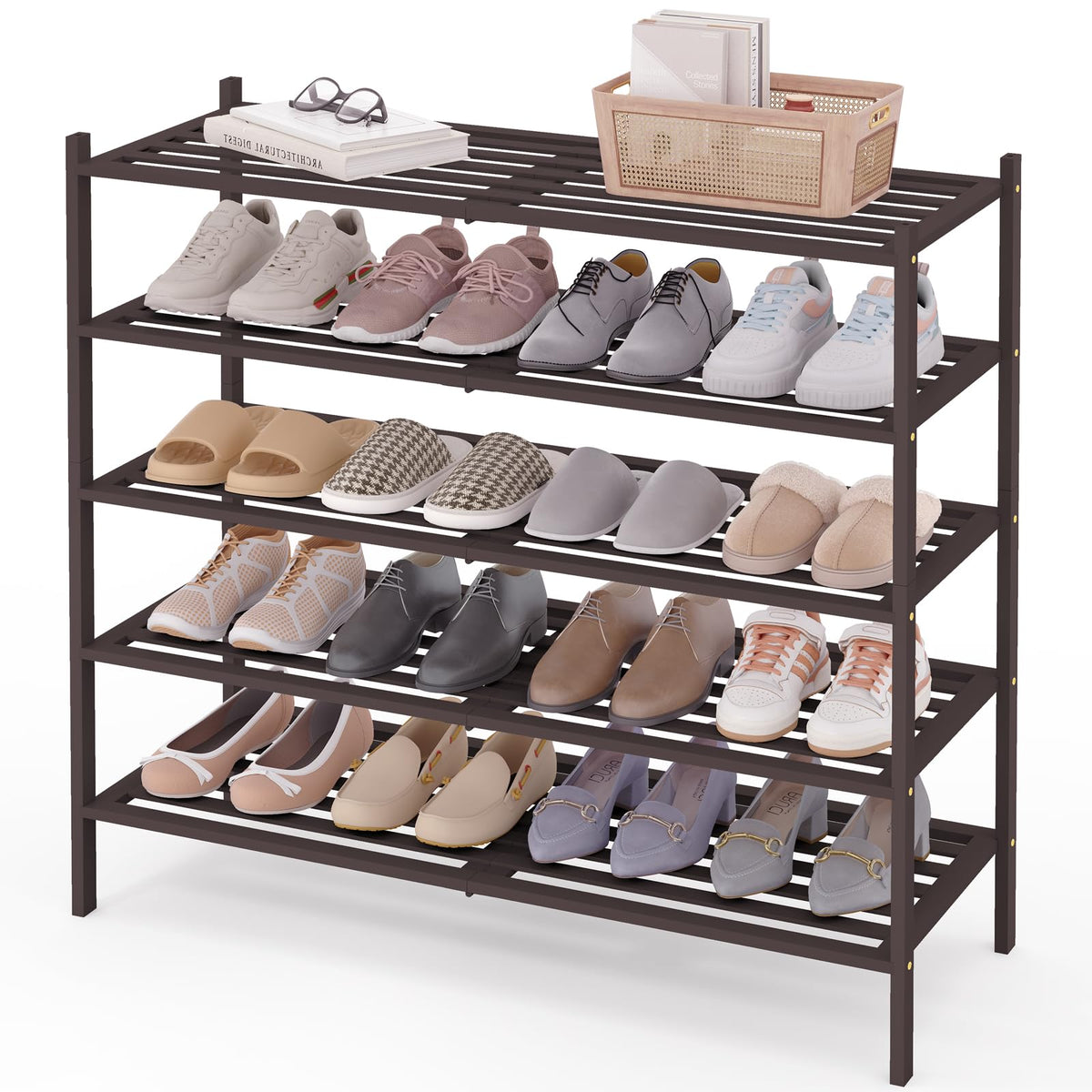 Smiry Bamboo Shoe Rack, 5 Horizontal Slats, 5 Tier - 33.9" Wide, Brown