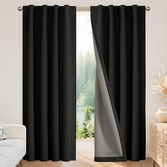 Joydeco Blackout Curtains for Bedroom - 100% Light Blocking 2 Panels Set Black Drapes 42" W x 108" L, Thermal Insulated Room Darkening Curtains, Linen Textured for Living Room, Rod Pocket & Back Tabs