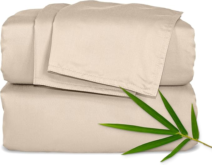 Pure Bamboo Split King Sheets, Genuine 100% Organic Viscose Derived from Bamboo Bed Sheet Set, Soft & Cooling, Double Stitching, 2 Fitted Sheets (Split King, Almond)